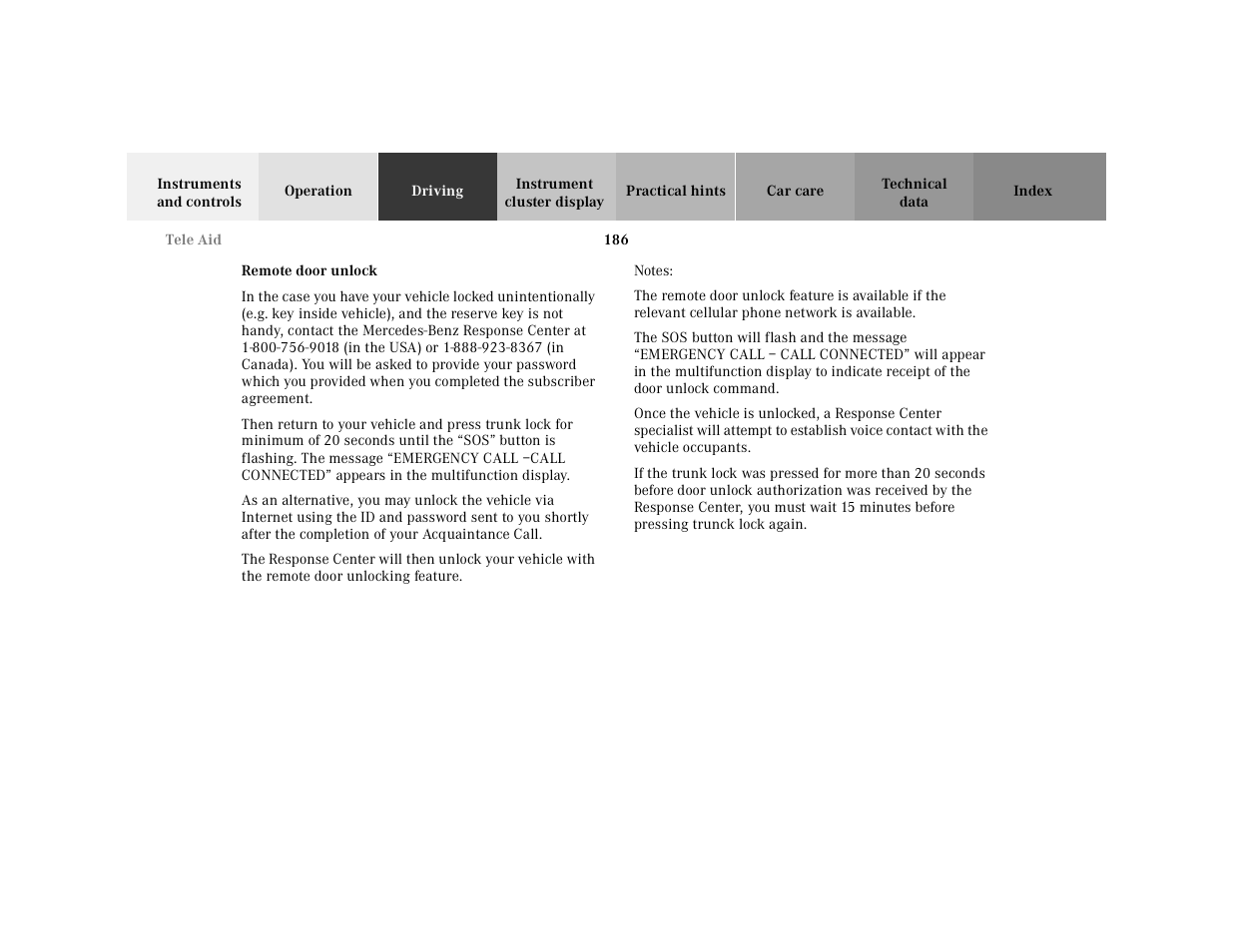 Remote door unlock, Notes | Mercedes-Benz 2001 E-Class User Manual | Page 189 / 341