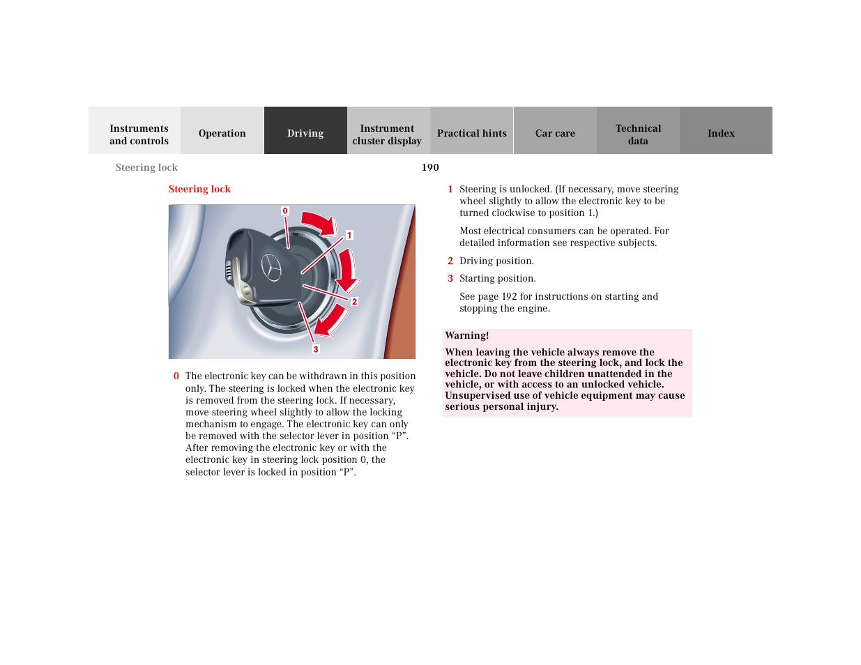 Steering lock, Graphic, 2 driving position | 3 starting position, Table, Table body, Table row, Warning | Mercedes-Benz 2001 E-Class User Manual | Page 193 / 341