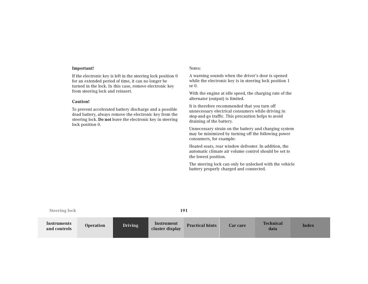 Important, Caution, Notes | Mercedes-Benz 2001 E-Class User Manual | Page 194 / 341