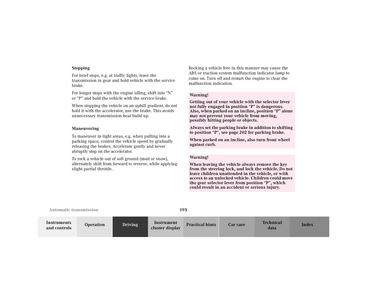 Stopping, Maneuvering, Table | Table body, Table row, Warning | Mercedes-Benz 2001 E-Class User Manual | Page 198 / 341