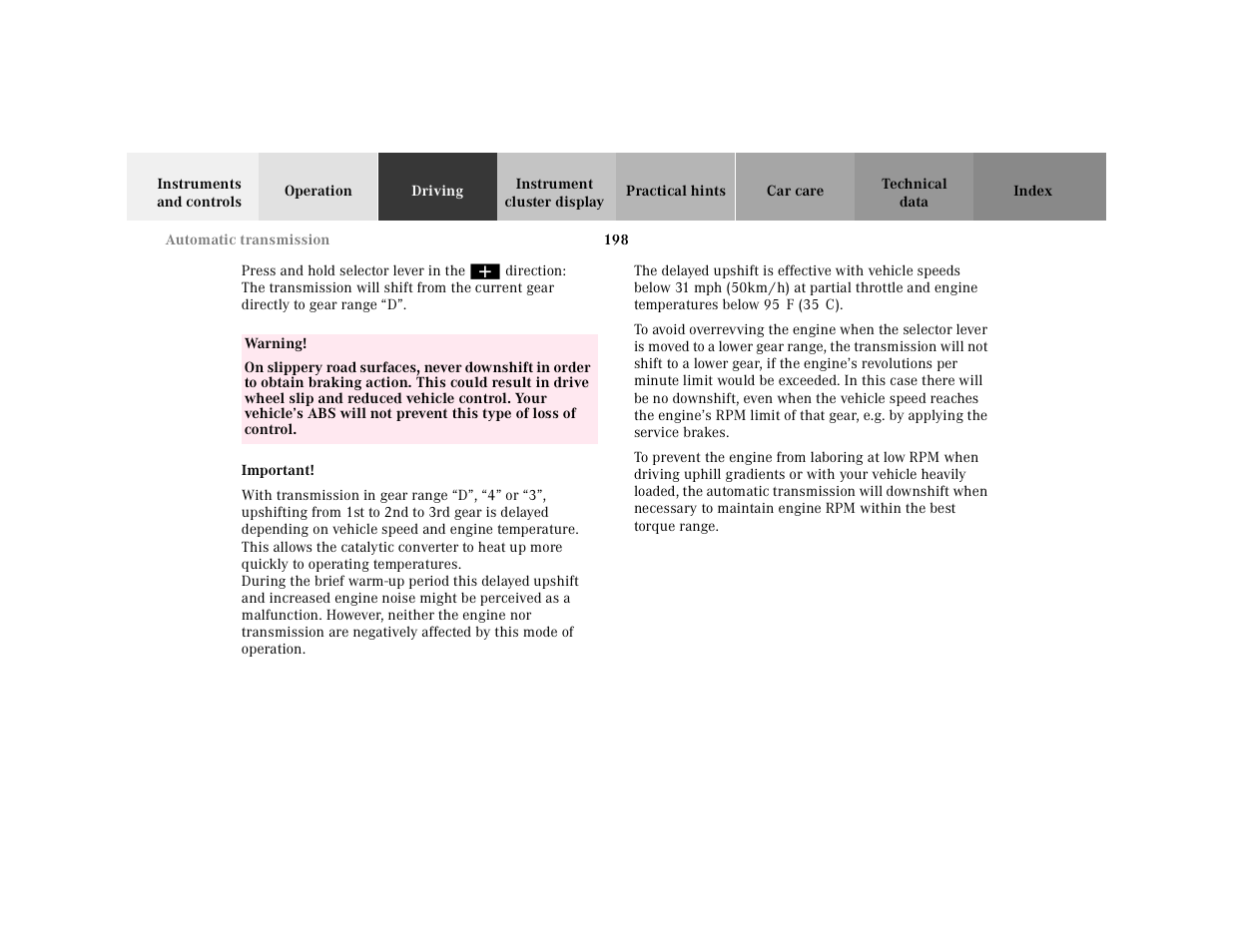 Press and hold selector lever in the, Table, Table body | Table row, Warning, Important, With transmission in gear range | Mercedes-Benz 2001 E-Class User Manual | Page 201 / 341