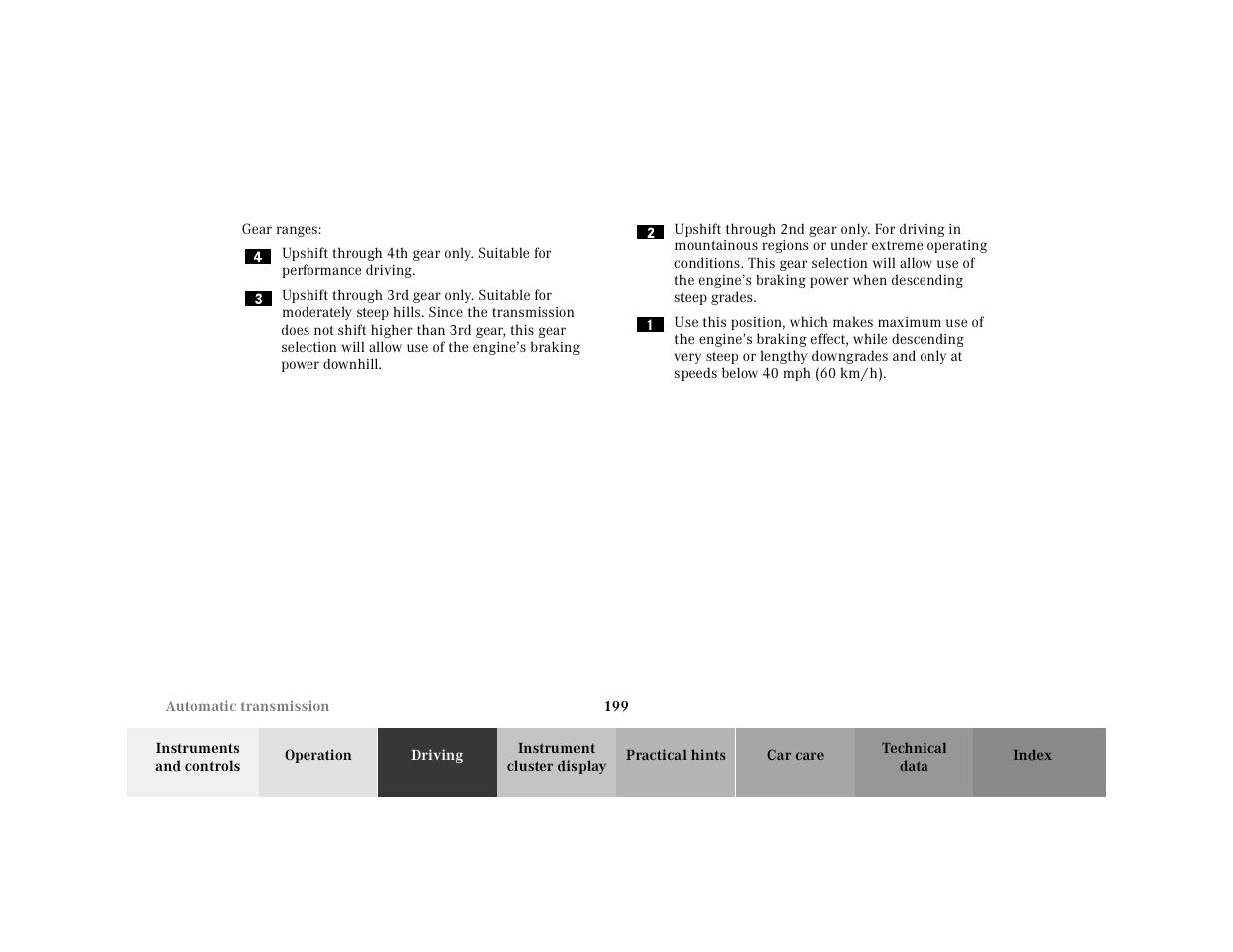 Gear ranges, Graphic | Mercedes-Benz 2001 E-Class User Manual | Page 202 / 341
