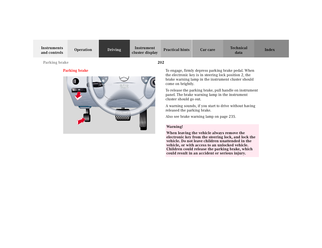 Parking brake, Graphic, Table | Table body, Table row, Warning | Mercedes-Benz 2001 E-Class User Manual | Page 205 / 341