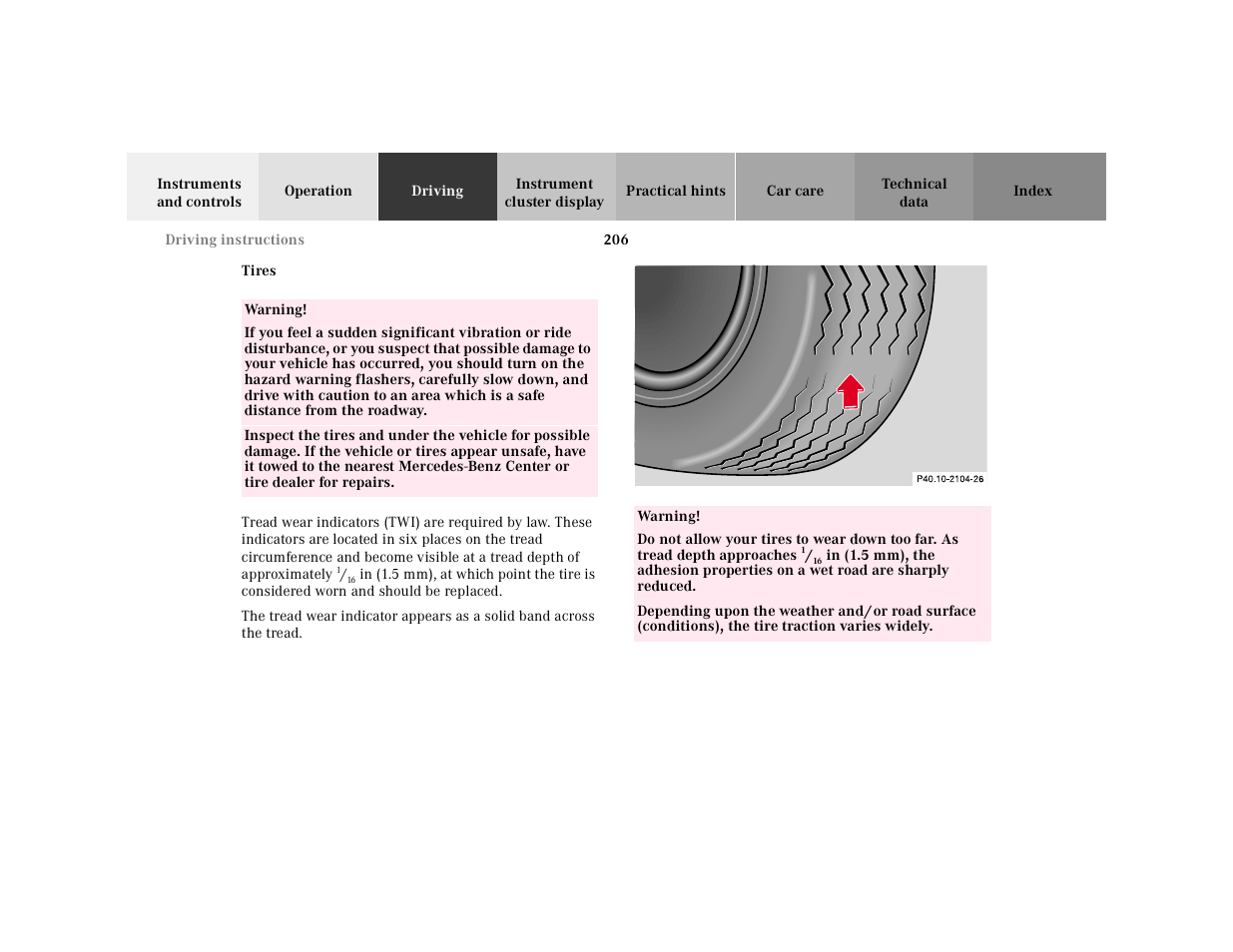 Tires, Table, Table body | Table row, Warning, Graphic, P40.10-2104-26 | Mercedes-Benz 2001 E-Class User Manual | Page 209 / 341