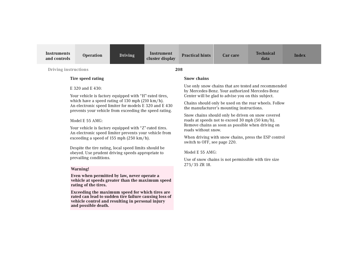 Tires:tire speed rating, Tire speed rating, E 320 and e 430 | Your vehicle is factory equipped with, Model e 55 amg, Table, Table body, Table row, Warning, Snow chains | Mercedes-Benz 2001 E-Class User Manual | Page 211 / 341