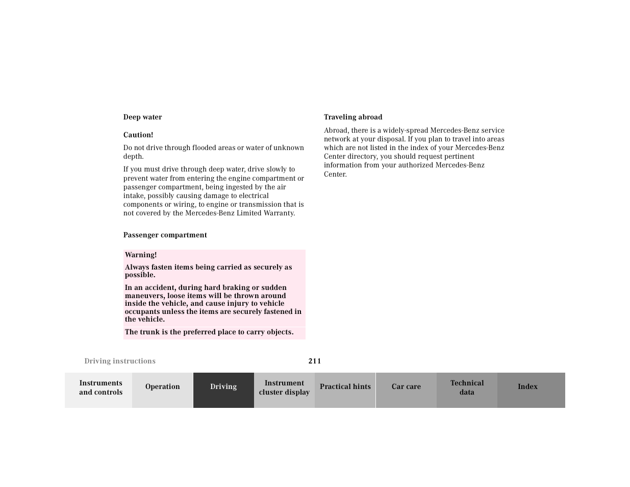 Deep water, Caution, Passenger compartment | Table, Table body, Table row, Warning, The trunk is the preferred place to carry objects, Traveling abroad | Mercedes-Benz 2001 E-Class User Manual | Page 214 / 341