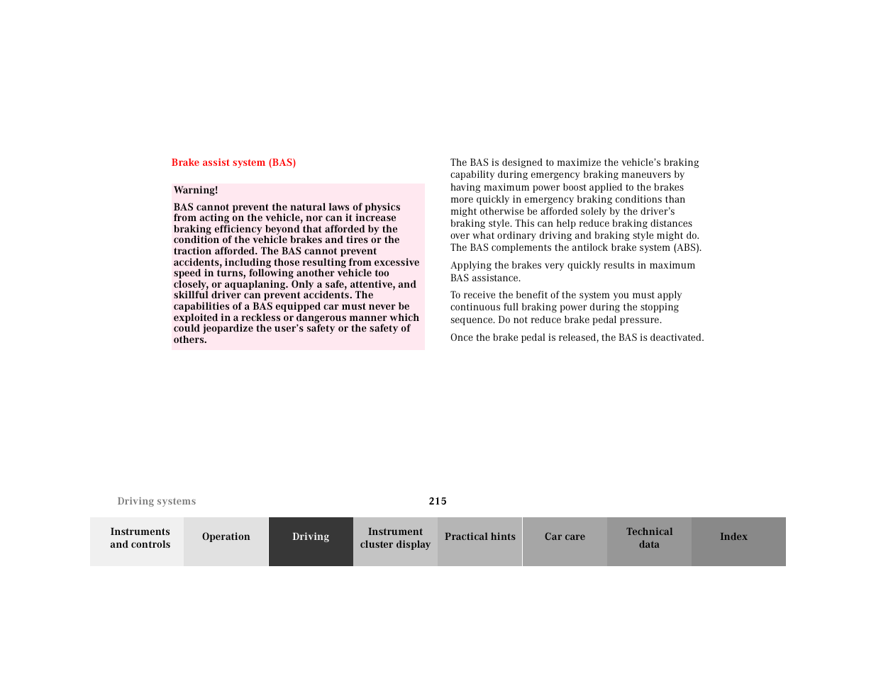 Brake assist system (bas), Table, Table body | Table row, Warning | Mercedes-Benz 2001 E-Class User Manual | Page 218 / 341
