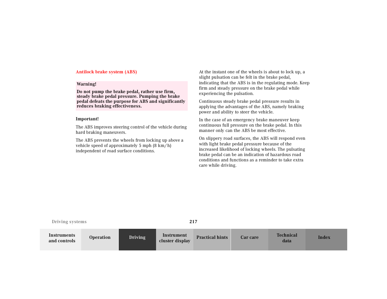 Antilock brake system (abs), Table, Table body | Table row, Warning, Important | Mercedes-Benz 2001 E-Class User Manual | Page 220 / 341