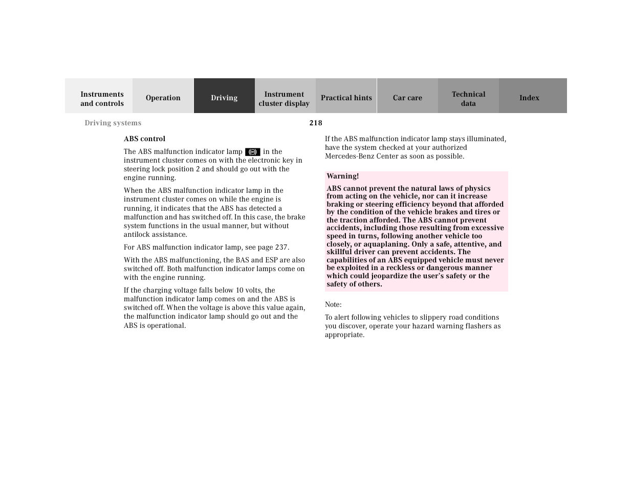 Abs control, The abs malfunction indicator lamp, Table | Table body, Table row, Warning, Note | Mercedes-Benz 2001 E-Class User Manual | Page 221 / 341