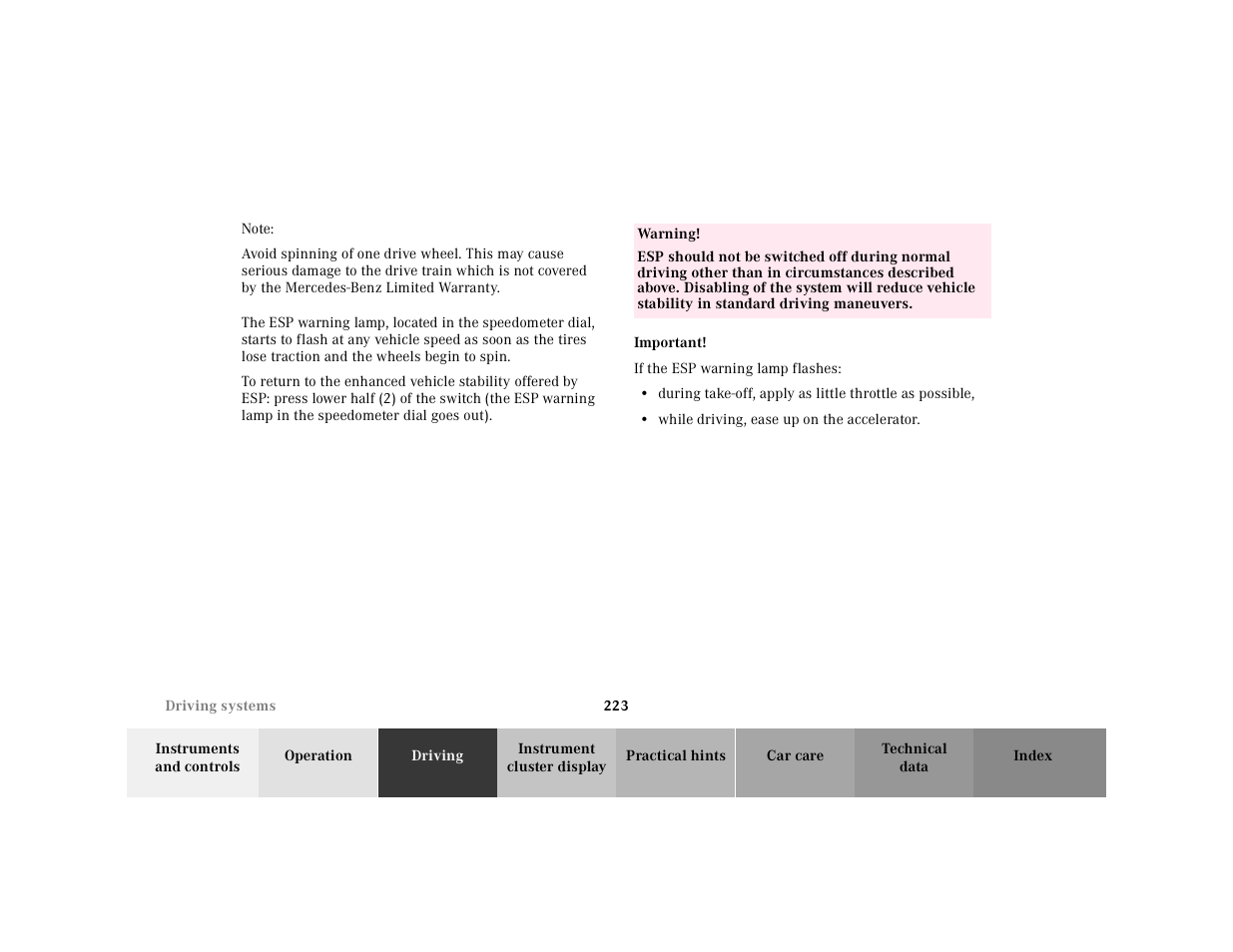 Note, Table, Table body | Table row, Warning, Important, If the esp warning lamp flashes, While driving, ease up on the accelerator | Mercedes-Benz 2001 E-Class User Manual | Page 226 / 341