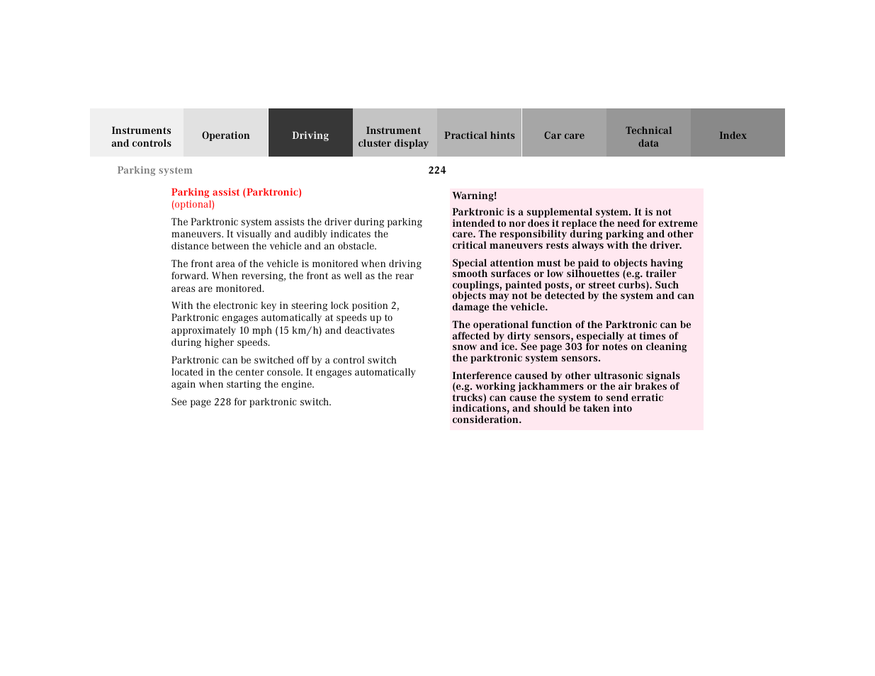 Parking assist (parktronic), Table, Table body | Table row, Warning | Mercedes-Benz 2001 E-Class User Manual | Page 227 / 341