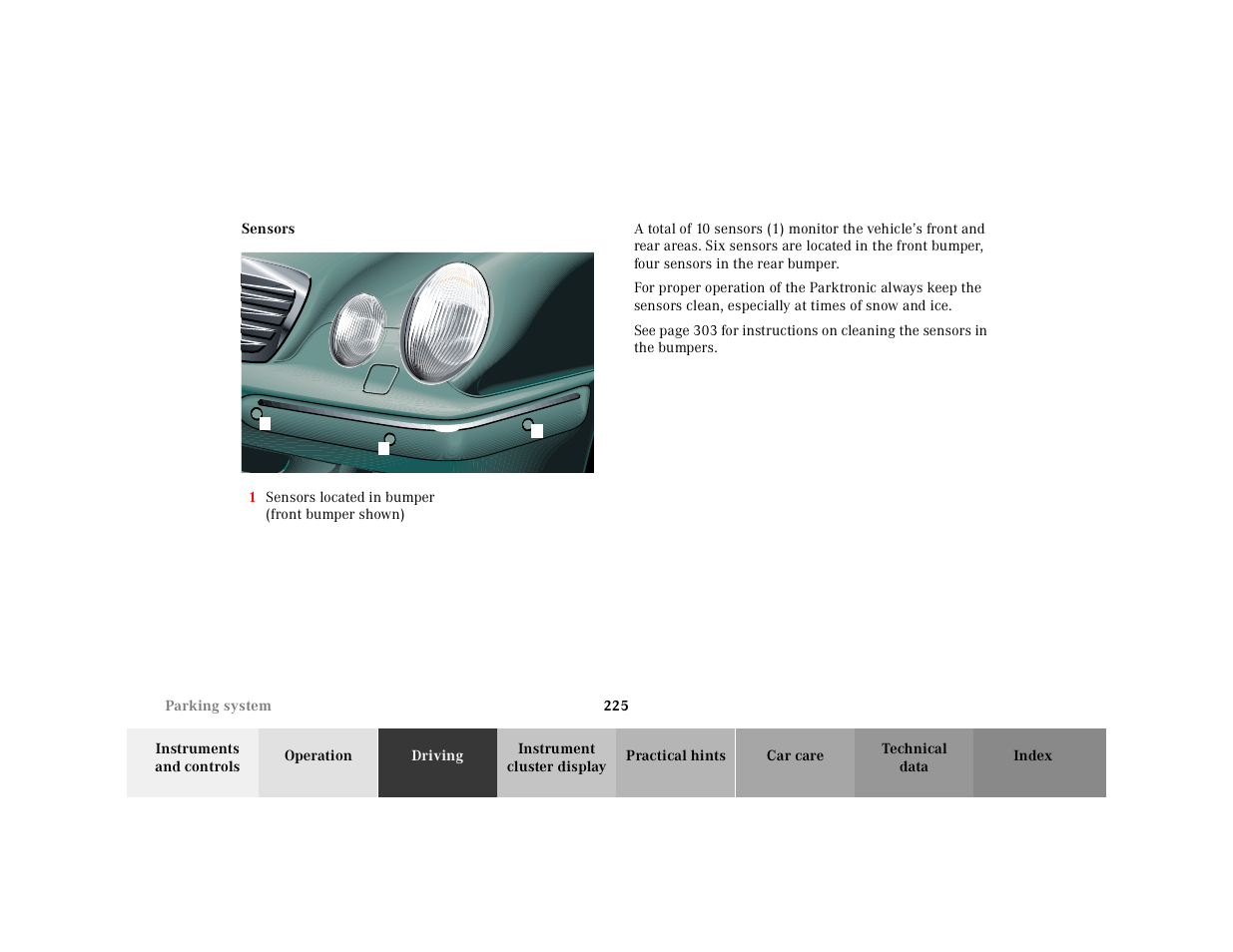 Parking assist (parktronic):sensors, Graphic, 1 sensors located in bumper (front bumper shown) | Mercedes-Benz 2001 E-Class User Manual | Page 228 / 341