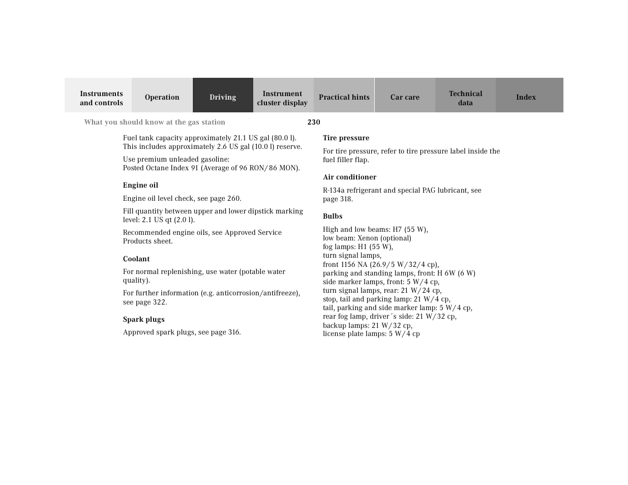 Engine oil, Coolant, Spark plugs | Tire pressure, Air conditioner, Bulbs | Mercedes-Benz 2001 E-Class User Manual | Page 233 / 341