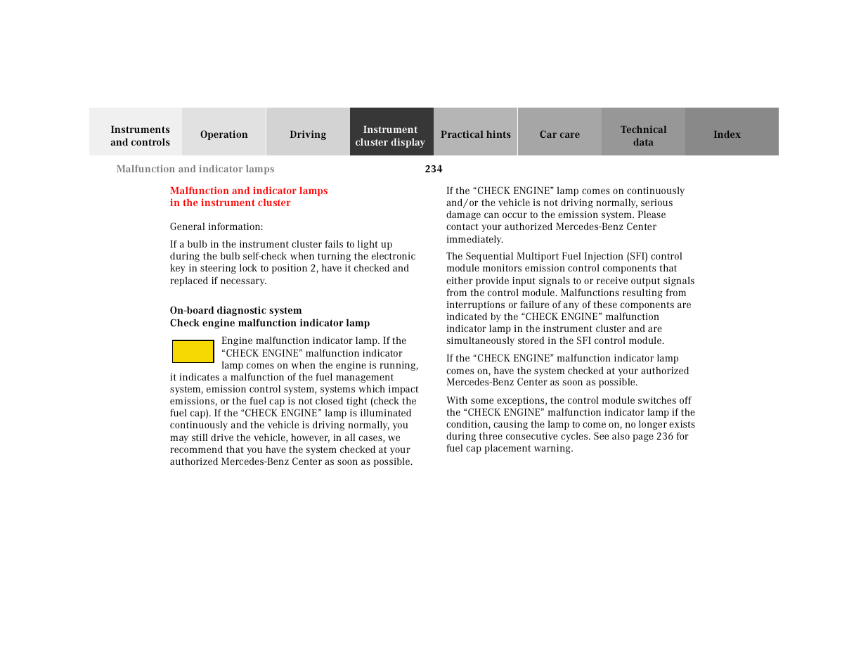 Instrument cluster display, General information, On-board diagnostic system | Graphic, If the | Mercedes-Benz 2001 E-Class User Manual | Page 237 / 341