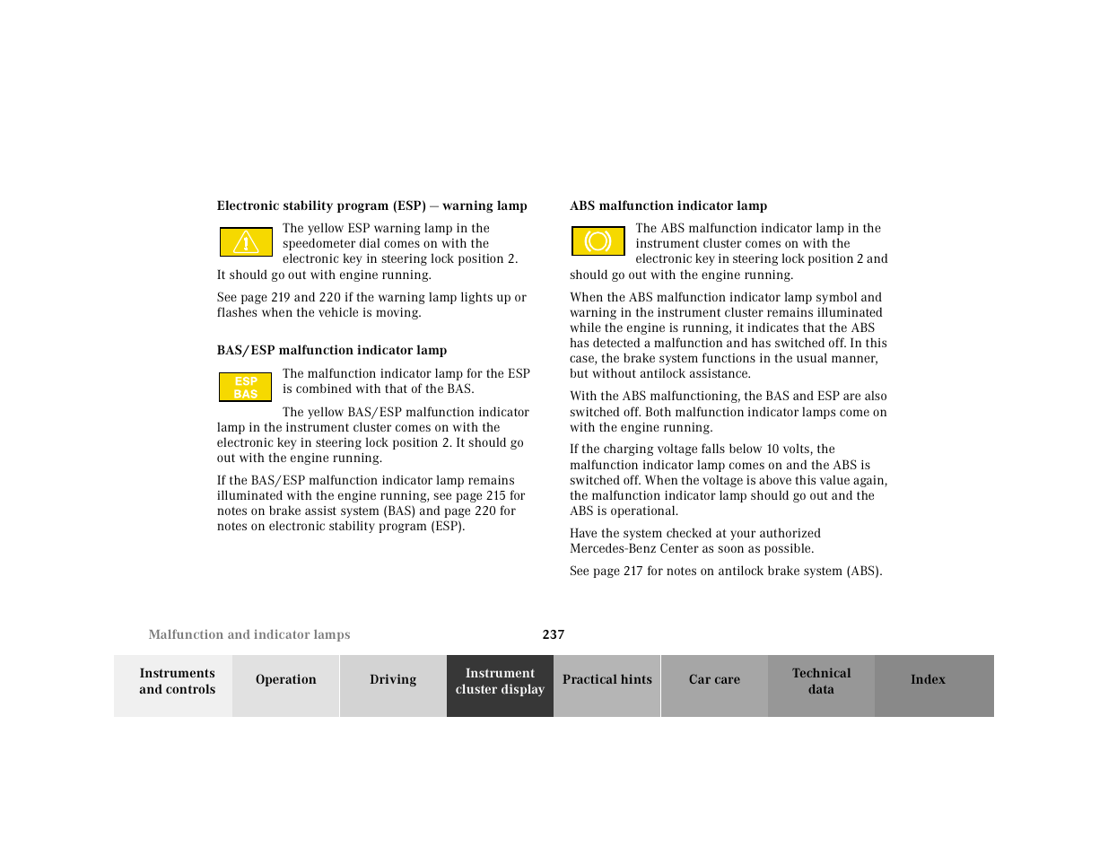 Electronic stability program (esp) — warning lamp, Graphic, Bas / esp malfunction indicator lamp | Abs malfunction indicator lamp | Mercedes-Benz 2001 E-Class User Manual | Page 240 / 341