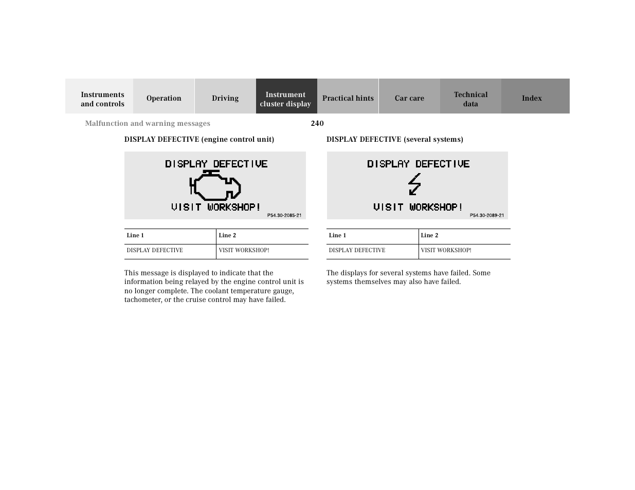 Display defective, Graphic, Table | Table heading, Table row, Line 1, Line 2, Table body, Visit workshop, P54.30-2089-21 | Mercedes-Benz 2001 E-Class User Manual | Page 243 / 341