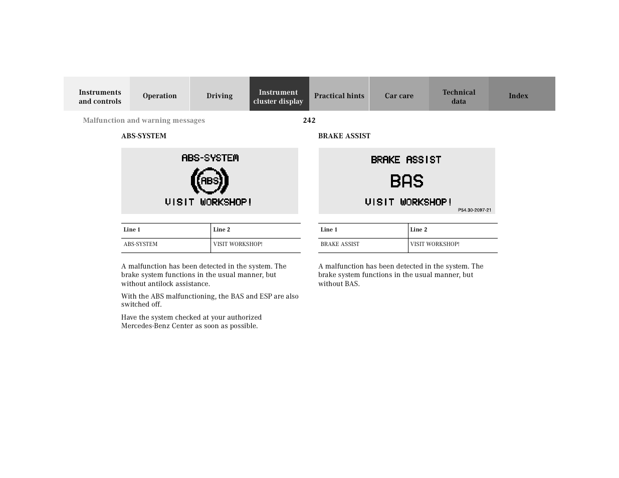 Abs-system, Graphic, Table | Table heading, Table row, Line 1, Line 2, Table body, Visit workshop, With the | Mercedes-Benz 2001 E-Class User Manual | Page 245 / 341