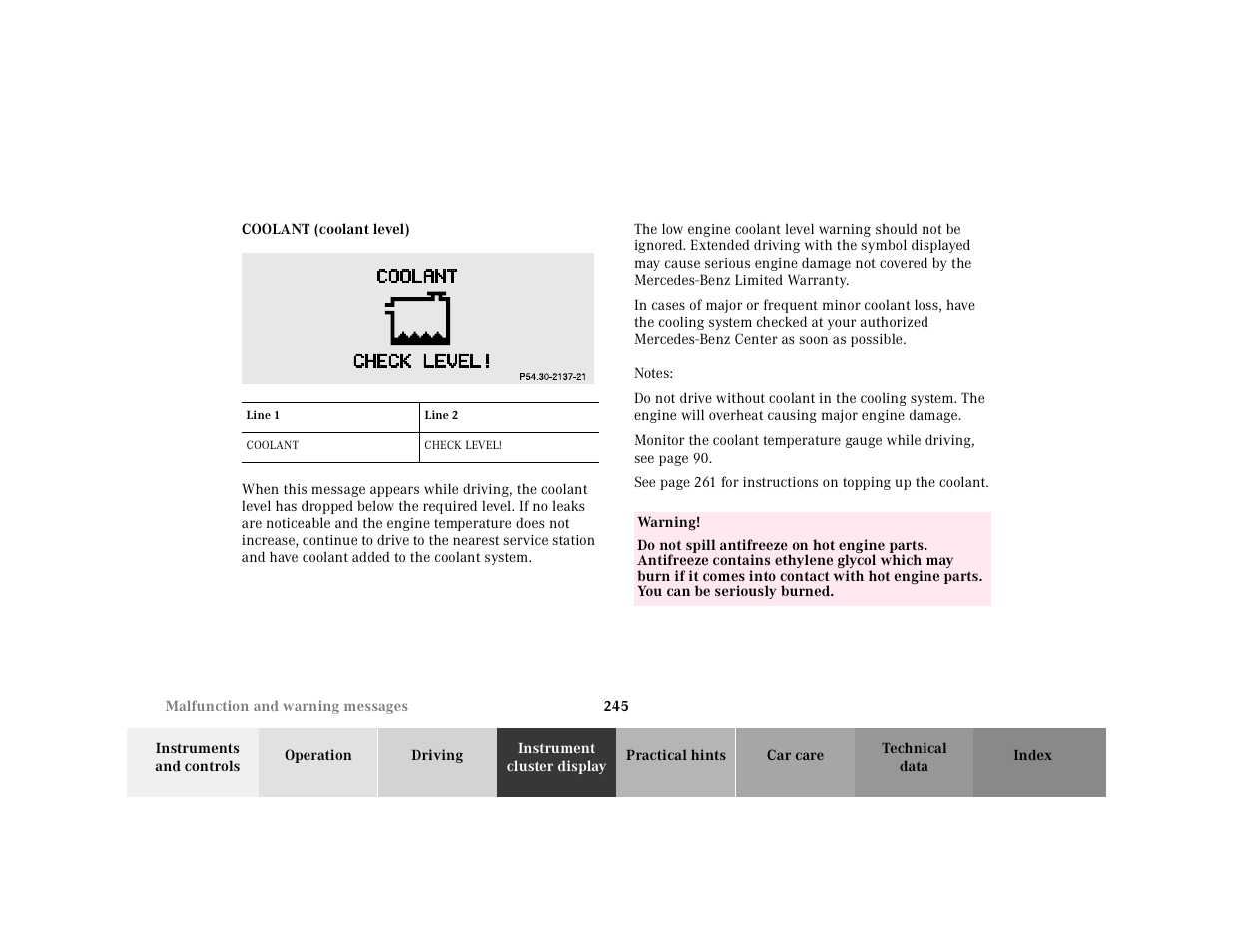 Coolant (coolant level), Coolant, Graphic | Table, Table heading, Table row, Line 1, Line 2, Table body, Check level | Mercedes-Benz 2001 E-Class User Manual | Page 248 / 341