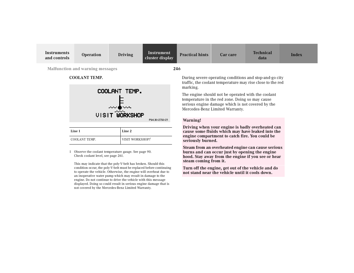 Coolant temp, Graphic, Table | Table heading, Table row, Line 1, Line 2, Table body, Visit workshop!1, Warning | Mercedes-Benz 2001 E-Class User Manual | Page 249 / 341