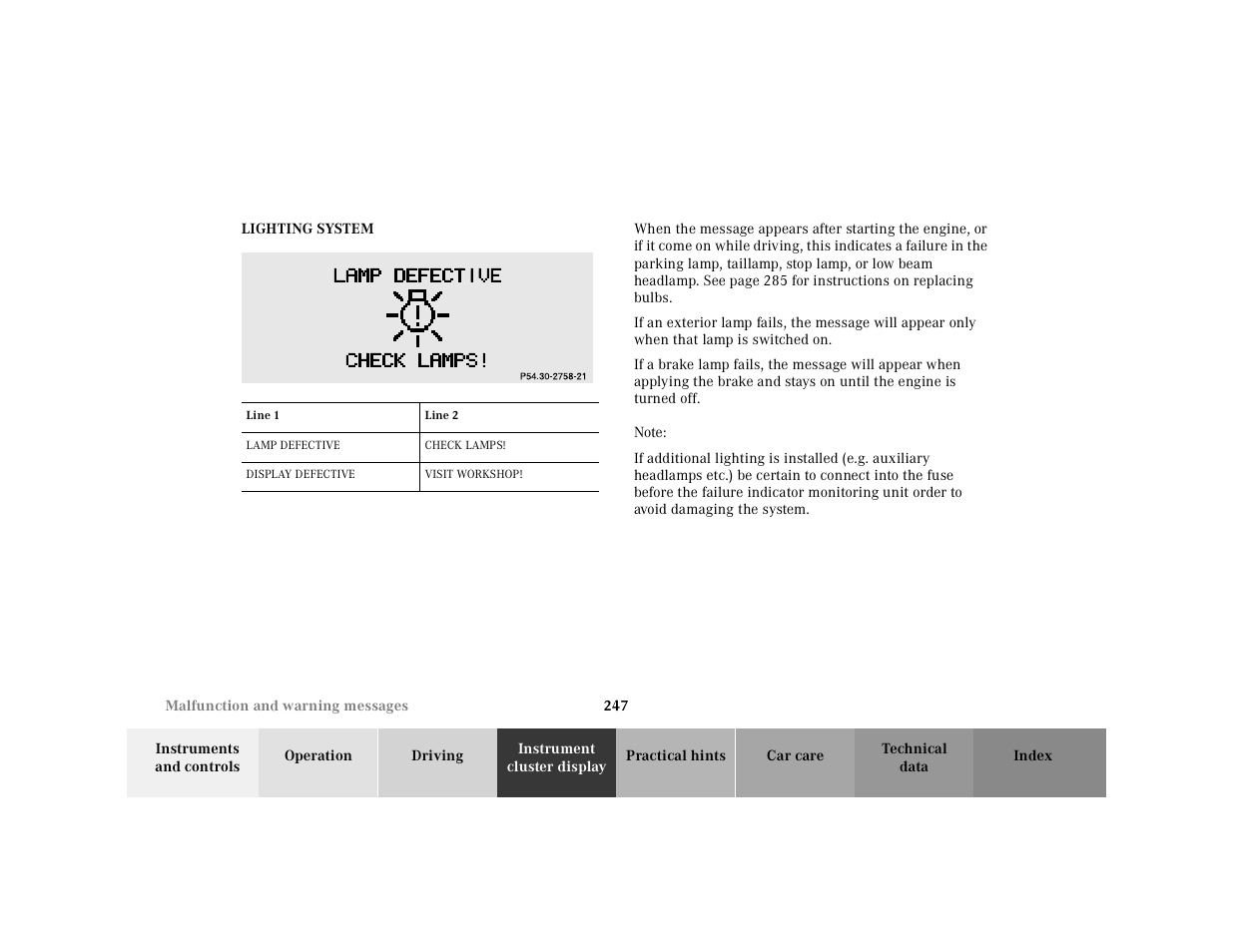 Lighting system, Graphic, Table | Table heading, Table row, Line 1, Line 2, Table body, Lamp defective, Check lamps | Mercedes-Benz 2001 E-Class User Manual | Page 250 / 341