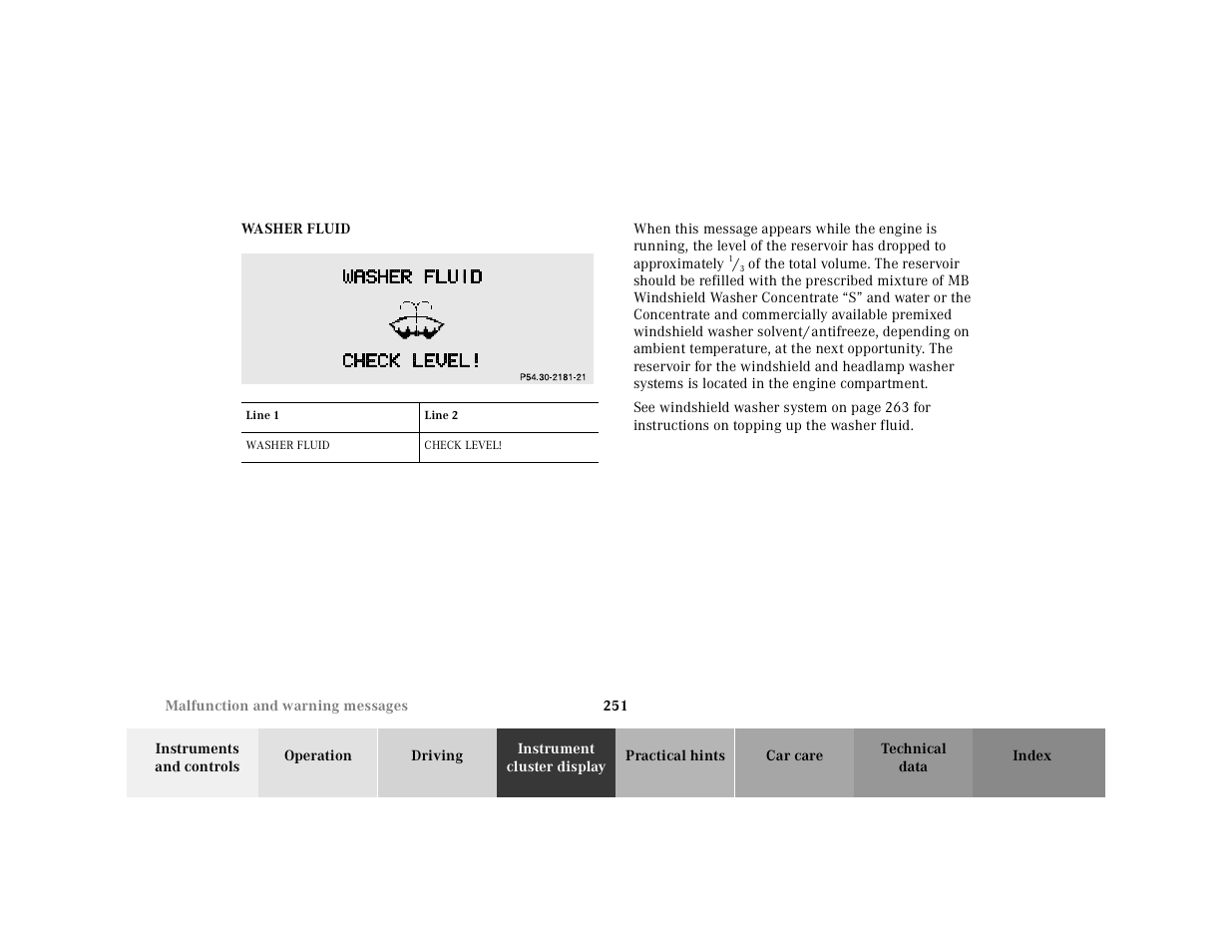 Washer fluid, Graphic, Table | Table heading, Table row, Line 1, Line 2, Table body, Check level | Mercedes-Benz 2001 E-Class User Manual | Page 254 / 341