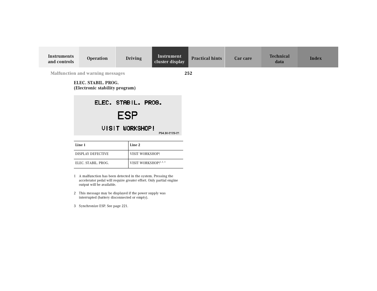 Elec. stabil. prog. (electronic stability program), Elec. stabil. prog, Graphic | Table, Table heading, Table row, Line 1, Line 2, Table body, Display defective | Mercedes-Benz 2001 E-Class User Manual | Page 255 / 341