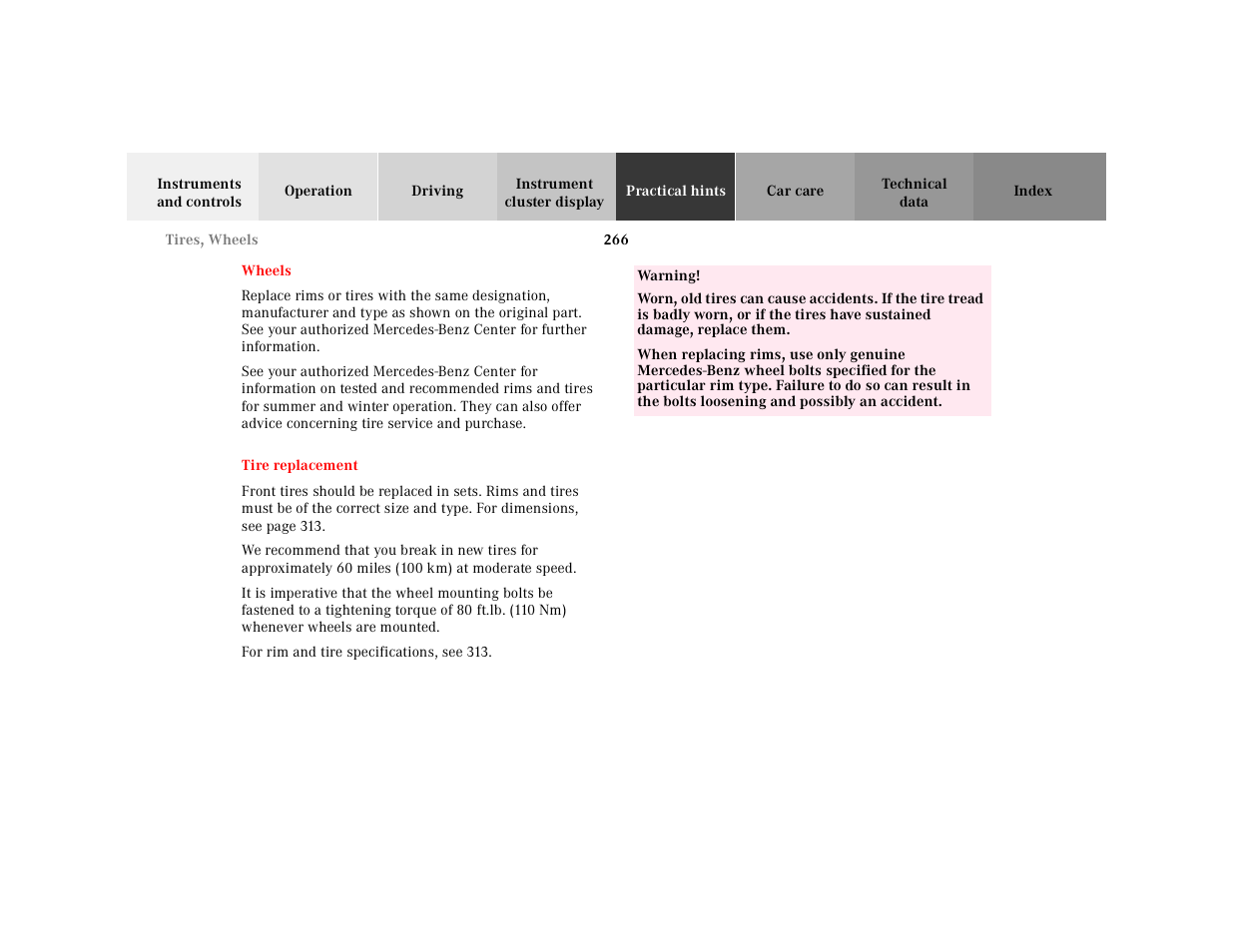 Wheels, Tire replacement, For rim and tire specifications, see | Table, Table body, Table row, Warning | Mercedes-Benz 2001 E-Class User Manual | Page 269 / 341