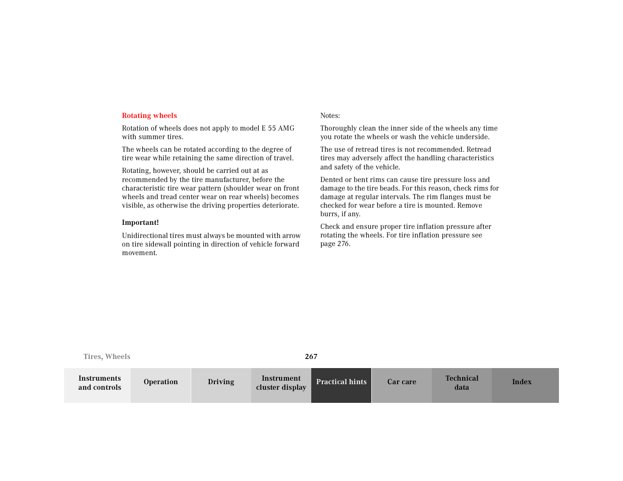 Rotating wheels, Important, Notes | Mercedes-Benz 2001 E-Class User Manual | Page 270 / 341