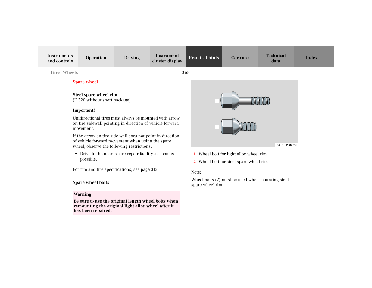 Spare wheel, Important, Spare wheel bolts | Table, Table body, Table row, Warning, Graphic, 2 wheel bolt for steel spare wheel rim, Note | Mercedes-Benz 2001 E-Class User Manual | Page 271 / 341