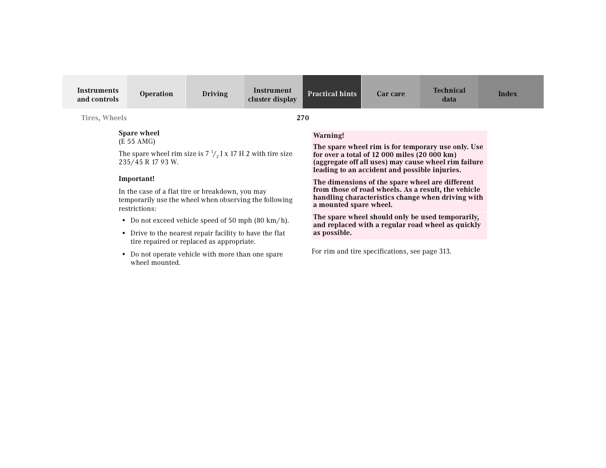 Wheels:spare wheel, The spare wheel rim size is 7, Important | Do not exceed vehicle speed of 50mph (80km/h), Table, Table body, Table row, Warning | Mercedes-Benz 2001 E-Class User Manual | Page 273 / 341