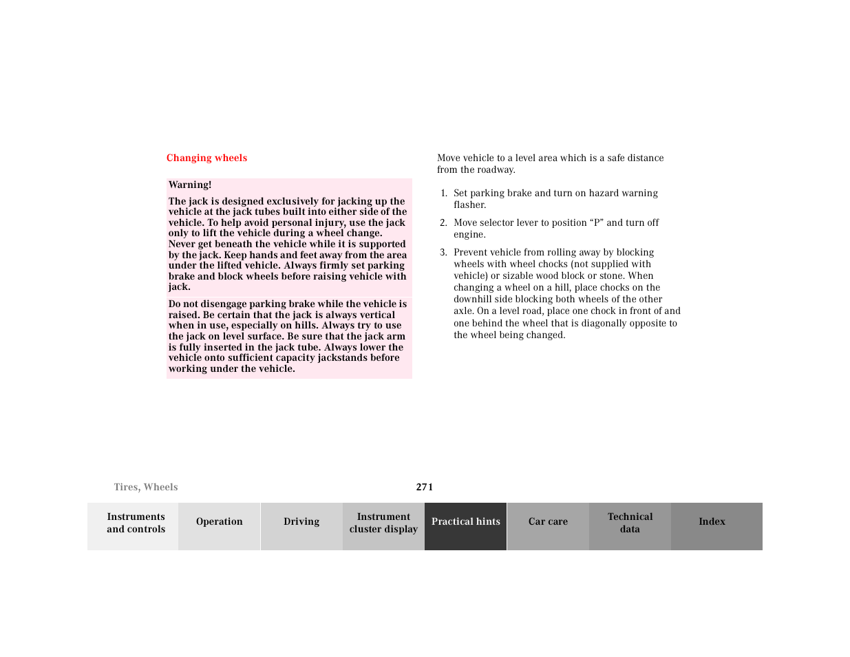 Changing wheels, Table, Table body | Table row, Warning, Move selector lever to position | Mercedes-Benz 2001 E-Class User Manual | Page 274 / 341