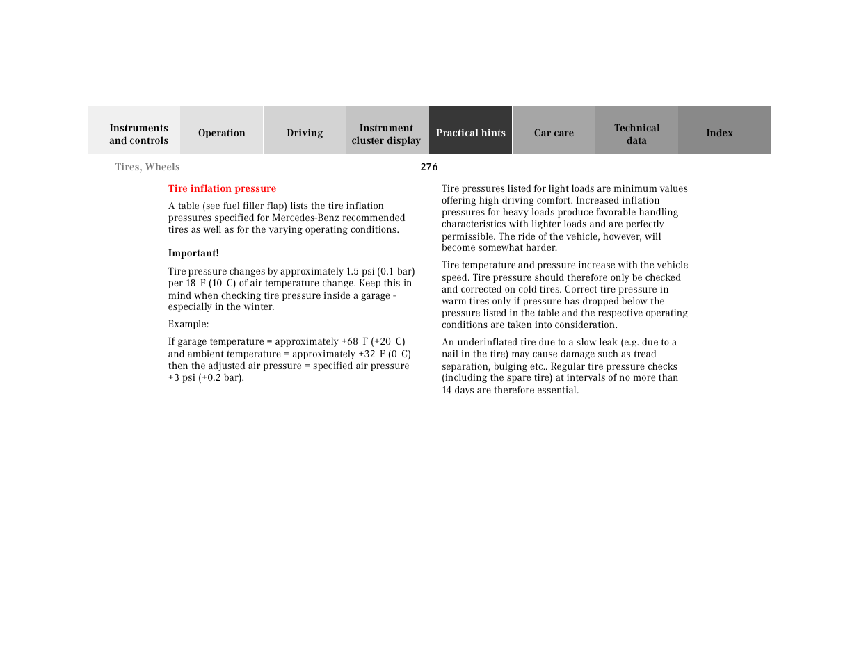 Tire inflation pressure, Important, Example | If garage temperature = approximately +68 | Mercedes-Benz 2001 E-Class User Manual | Page 279 / 341