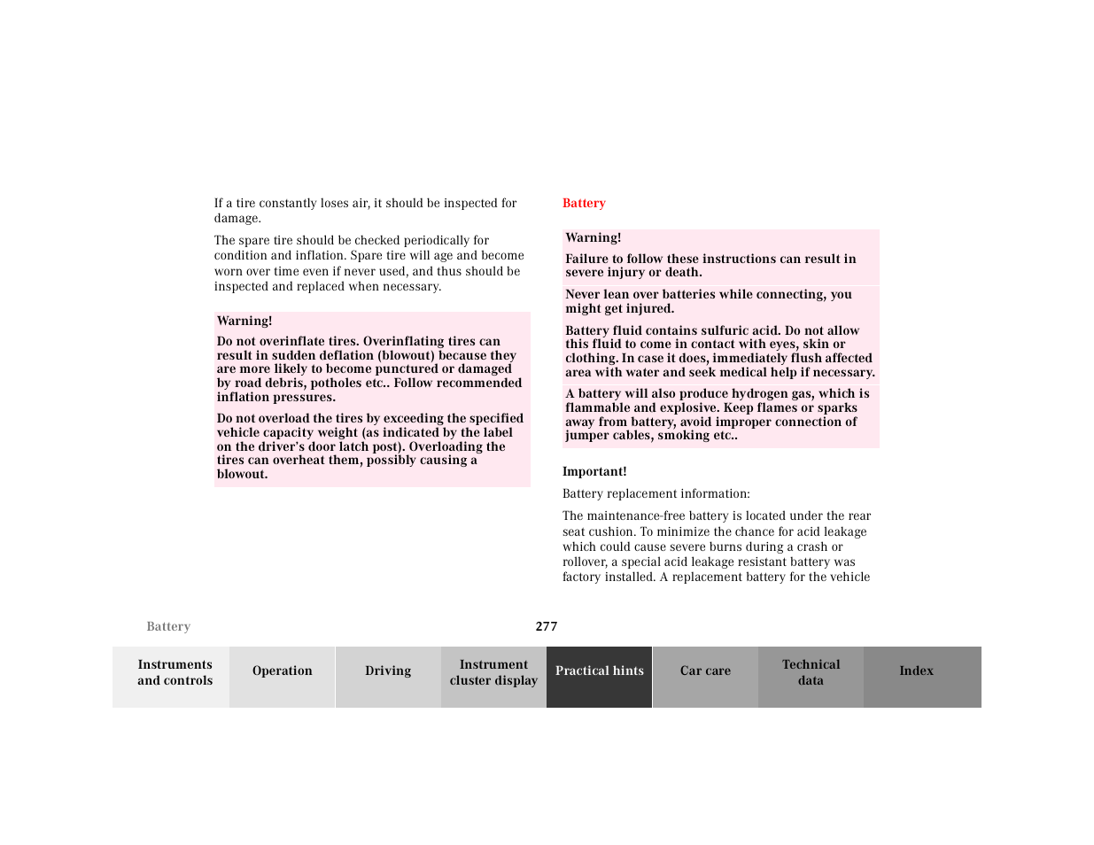 Table, Table body, Table row | Warning, Battery, Important, Battery replacement information | Mercedes-Benz 2001 E-Class User Manual | Page 280 / 341