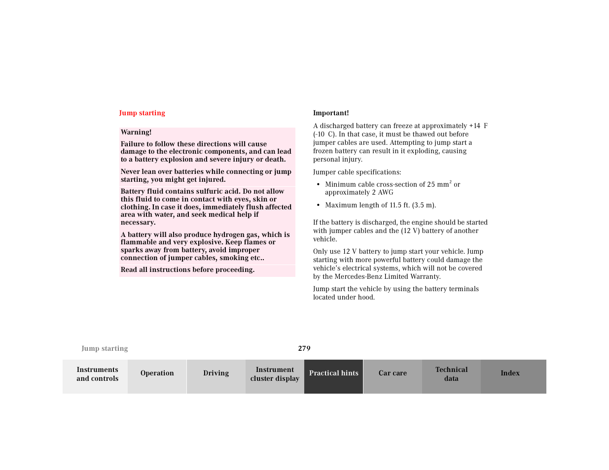 Jump starting, Table, Table body | Table row, Warning, Read all instructions before proceeding, Important, Minimum cable cross-section of 25mm, Maximum length of 11.5ft. (3.5m) | Mercedes-Benz 2001 E-Class User Manual | Page 282 / 341
