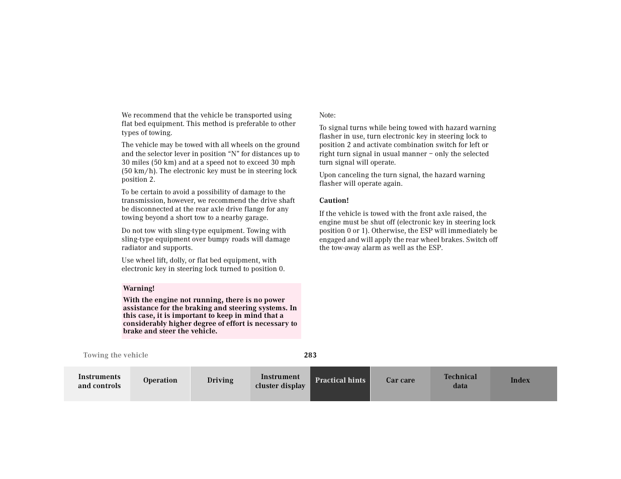 Table, Table body, Table row | Warning, Note, Caution | Mercedes-Benz 2001 E-Class User Manual | Page 286 / 341