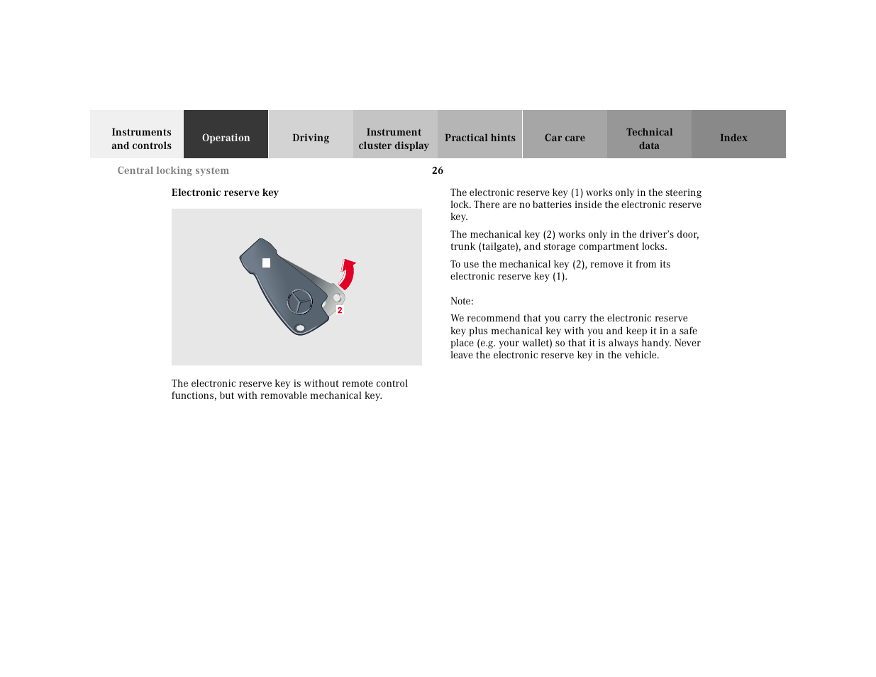 Central locking system:electronic reserve key, Graphic, Note | Mercedes-Benz 2001 E-Class User Manual | Page 29 / 341