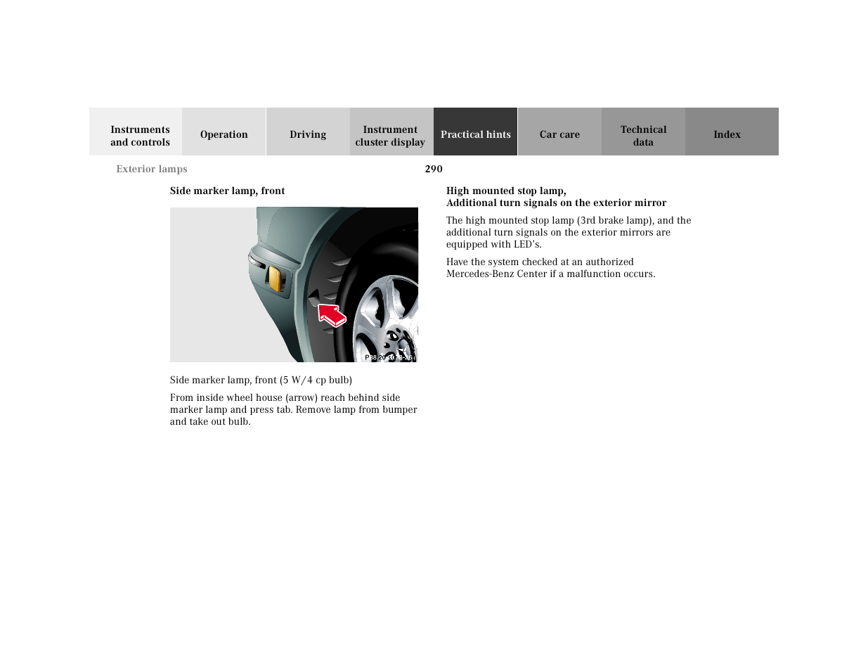 Exterior lamps:side marker lamp, front, Graphic, Side marker lamp, front (5 w/4 cp bulb) | Exterior lamps:high mounted stop lamp | Mercedes-Benz 2001 E-Class User Manual | Page 293 / 341