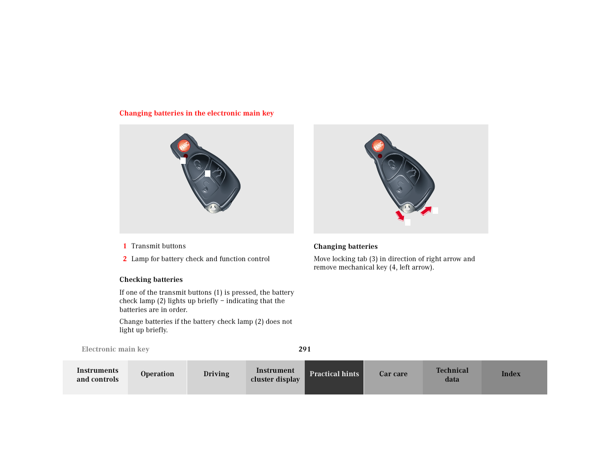 Electronic main key:changing batteries, Graphic, 1 transmit buttons | 2 lamp for battery check and function control, Checking batteries, P80.35-2029-26, Changing batteries | Mercedes-Benz 2001 E-Class User Manual | Page 294 / 341