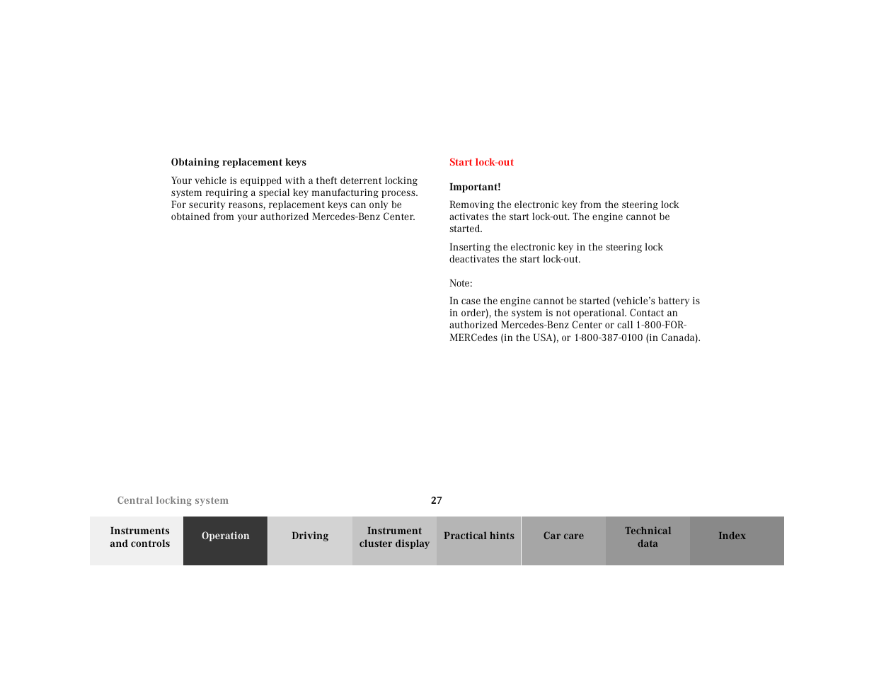 Obtaining replacement keys, Start lock-out, Important | Note | Mercedes-Benz 2001 E-Class User Manual | Page 30 / 341