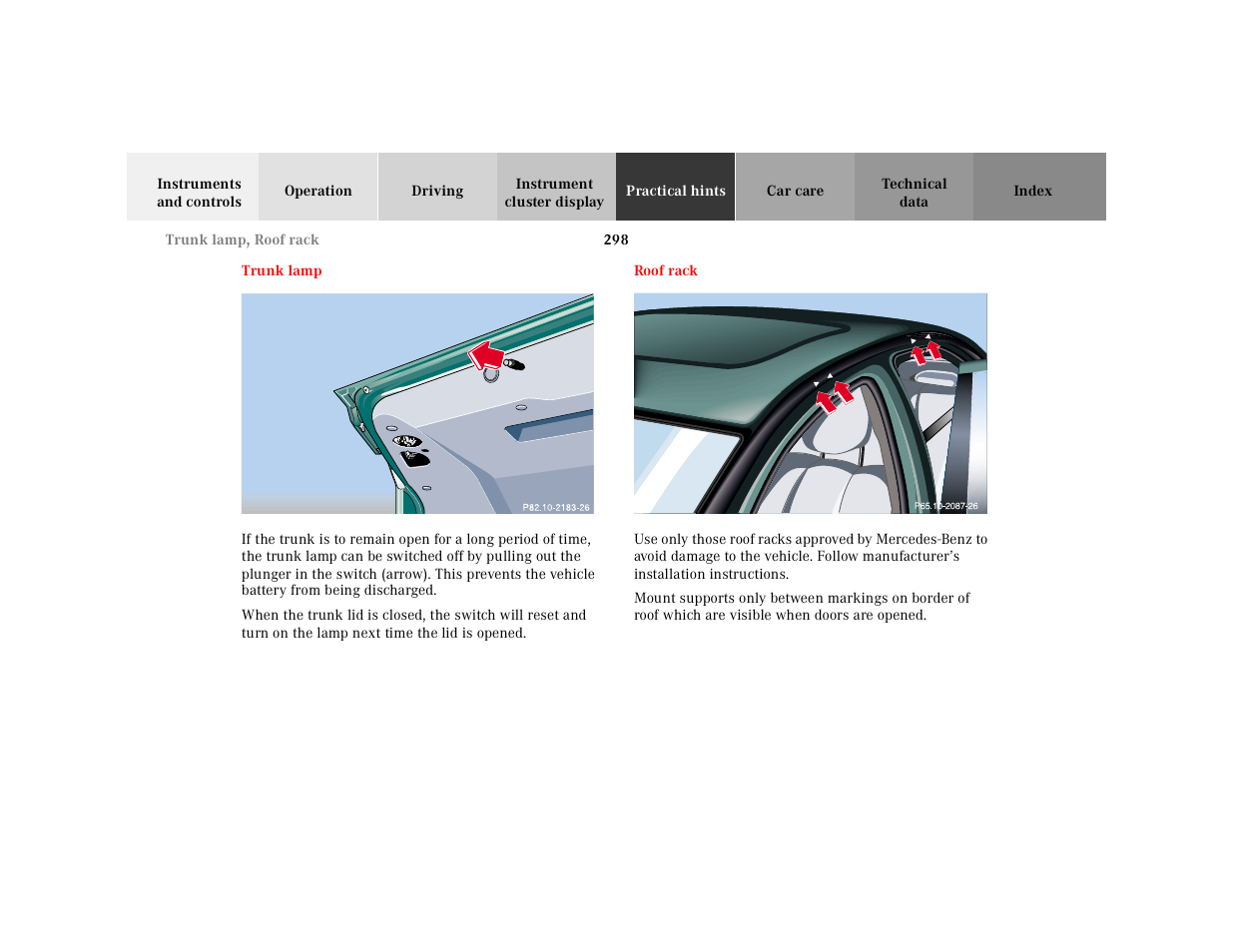 Trunk lamp, Graphic, Roof rack | Mercedes-Benz 2001 E-Class User Manual | Page 301 / 341