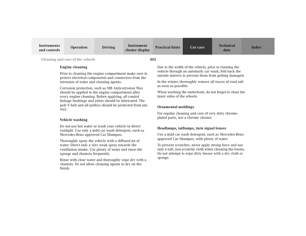 Engine cleaning, Vehicle washing, Ornamental moldings | Headlamps, taillamps, turn signal lenses | Mercedes-Benz 2001 E-Class User Manual | Page 305 / 341