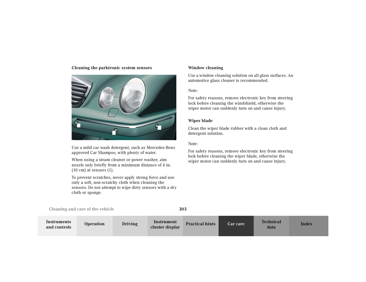 Cleaning the parktronic system sensors, Graphic, Window cleaning / glass sunroof | Note, Wiper blades | Mercedes-Benz 2001 E-Class User Manual | Page 306 / 341