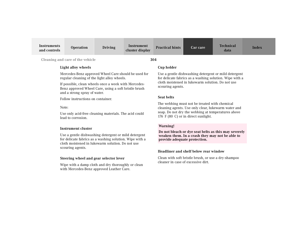 Light alloy wheels, Follow instructions on container, Note | Instrument cluster, Steering wheel and gear selector lever, Cup holder, Seat belts, Table, Table body, Table row | Mercedes-Benz 2001 E-Class User Manual | Page 307 / 341