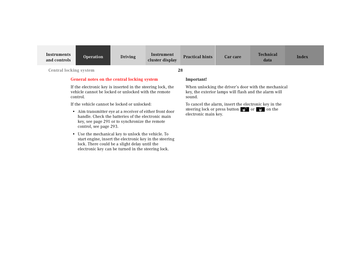 General notes on the central locking system, If the vehicle cannot be locked or unlocked, Important | Mercedes-Benz 2001 E-Class User Manual | Page 31 / 341