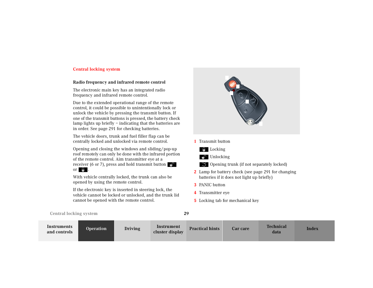 Central locking system, Radio frequency and infrared remote control, Graphic | P80.35-2032-26, Trunk:remote opening, 3 panic button, 4 transmitter eye, 5 locking tab for mechanical key | Mercedes-Benz 2001 E-Class User Manual | Page 32 / 341