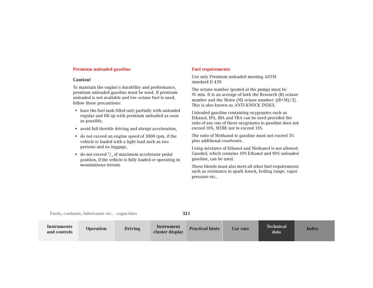 Premium unleaded gasoline, Caution, Do not exceed | Fuel requirements | Mercedes-Benz 2001 E-Class User Manual | Page 324 / 341