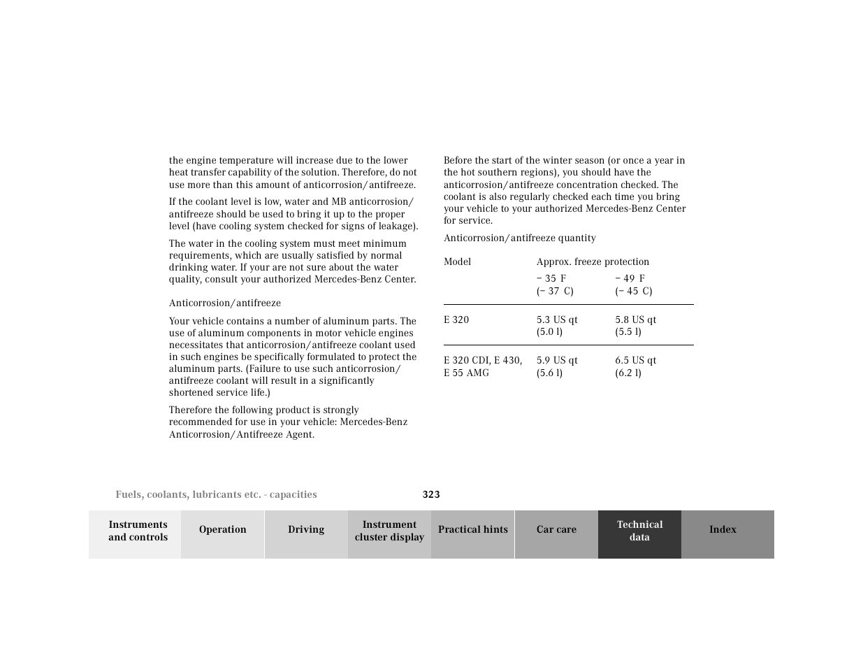 Anticorrosion/antifreeze, Coolants:anticorrosion/antifreeze quantity, Table | Table heading, Table row, Model, Approx. freeze protection, Table body, 35°f (– 37°c), 49°f (– 45°c) | Mercedes-Benz 2001 E-Class User Manual | Page 326 / 341