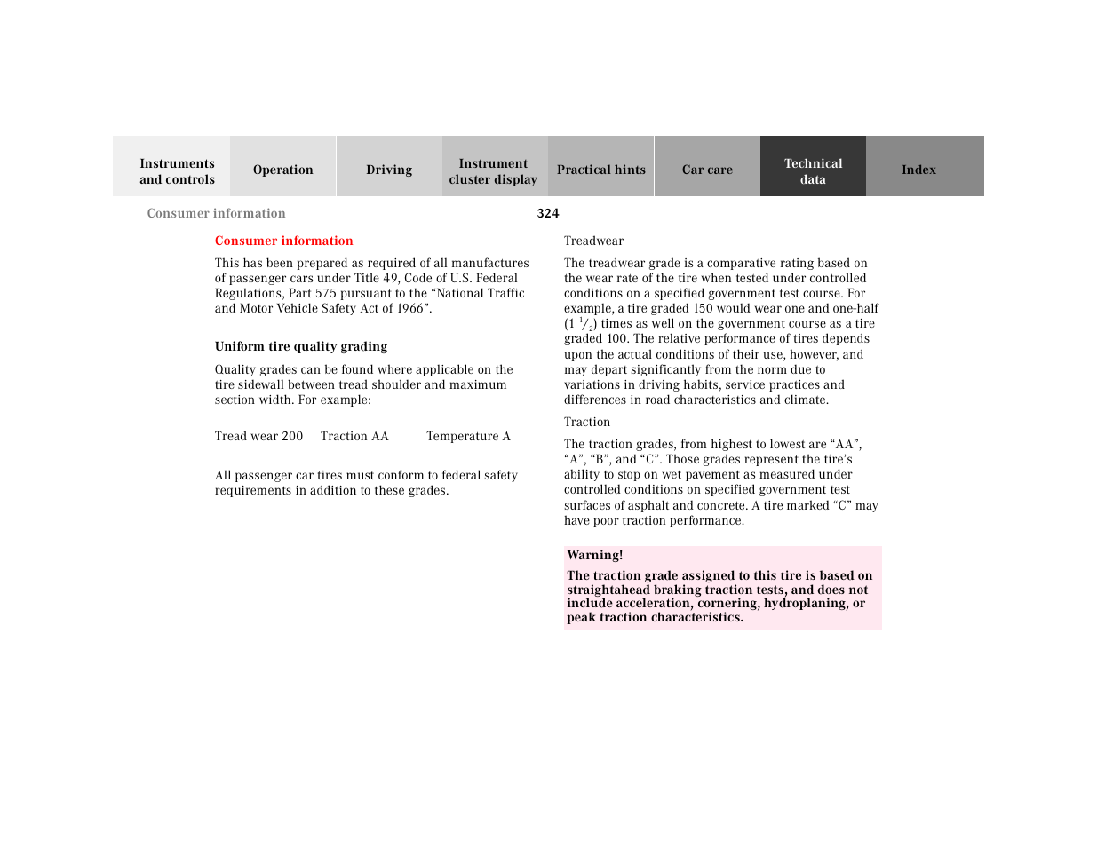 Consumer information, Uniform tire quality grading, Table | Table body, Table row, Tread wear 200, Traction aa, Temperature a, Treadwear, Traction | Mercedes-Benz 2001 E-Class User Manual | Page 327 / 341