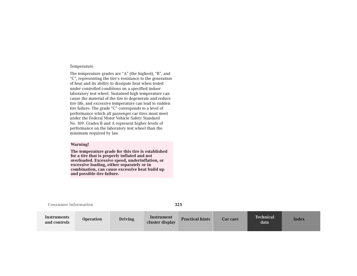 Temperature, The temperature grades are, Table | Table body, Table row, Warning | Mercedes-Benz 2001 E-Class User Manual | Page 328 / 341