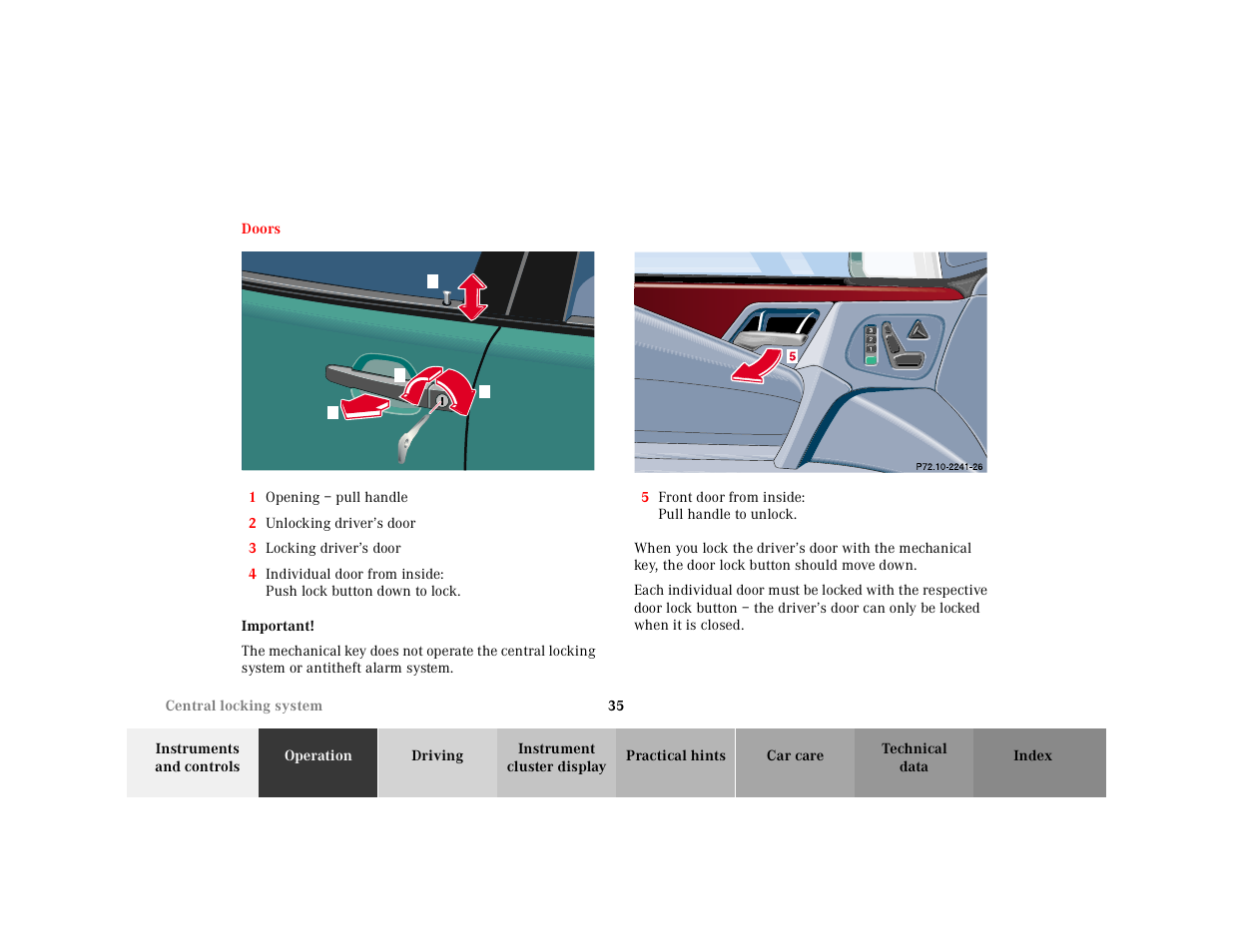 Doors, Graphic, 1 opening – pull handle | 2 unlocking driver’s door, 3 locking driver’s door, Important, P72.10-2241-26, 5 front door from inside: pull handle to unlock | Mercedes-Benz 2001 E-Class User Manual | Page 38 / 341
